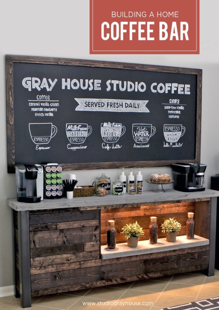 coffee bar shelf with chalkboard