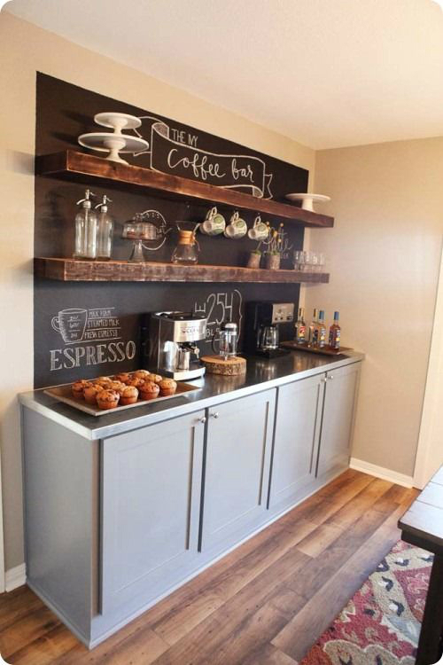 coffee bar shelf with gray cabinets