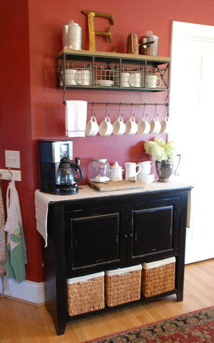 red wall and a coffee bar shelf